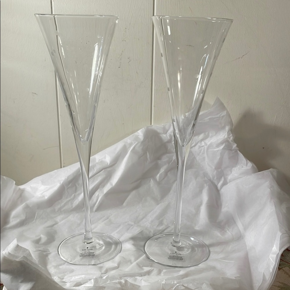Kate Spade Lenox Frosted Polka Dot Chrystal Champagne Fluted Pair Glasses